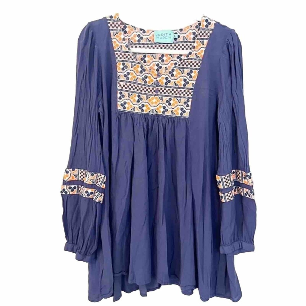 Judith March Navy Blue Embroidered Boho Tunic Top Square Neck Rayon Womens L
